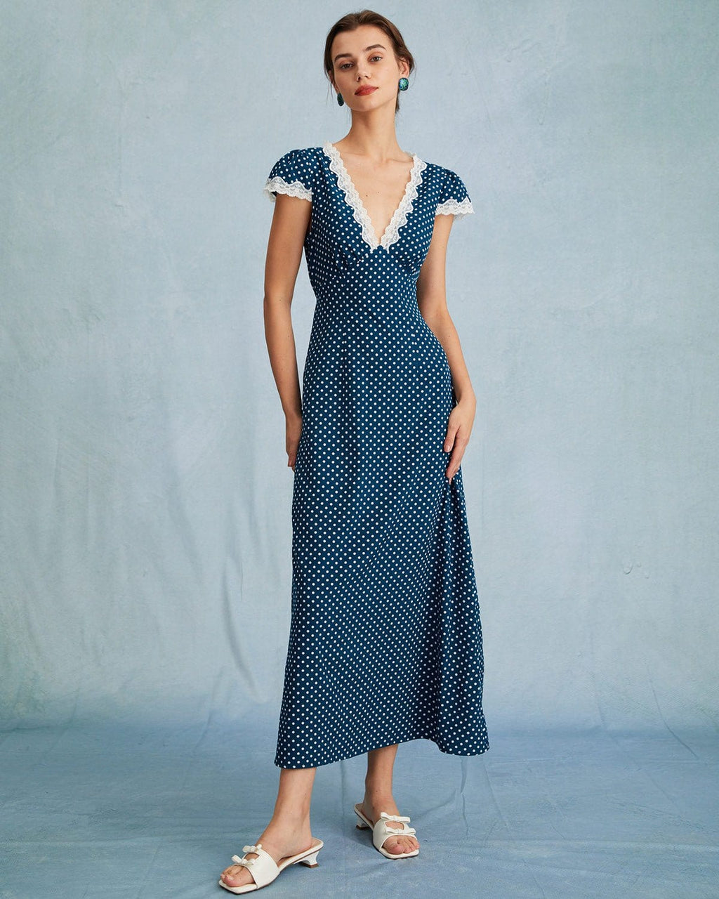 Odessa | V Neck Ruched Fit Polka Dot Maxi Dress
