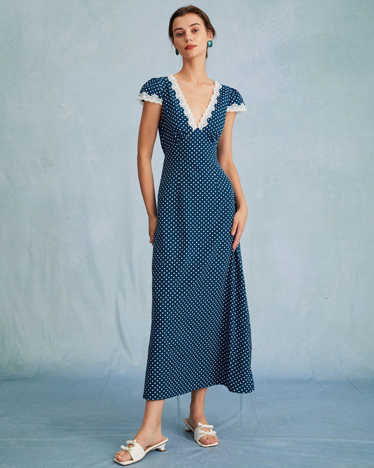Odessa | V Neck Ruched Fit Polka Dot Maxi Dress