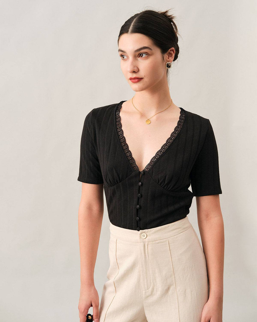 Oona | Slim Fit Ribbed Lace Trim Tee