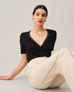 Oona | Slim Fit Ribbed Lace Trim Tee