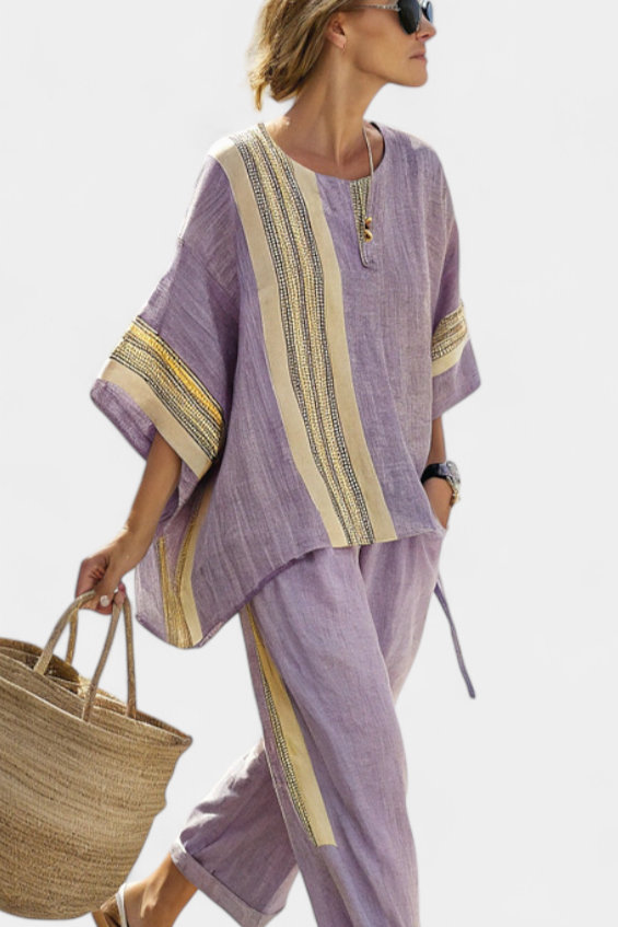 Paige | Oversized Fit Bamboo Linen Top and Striped Pants Set