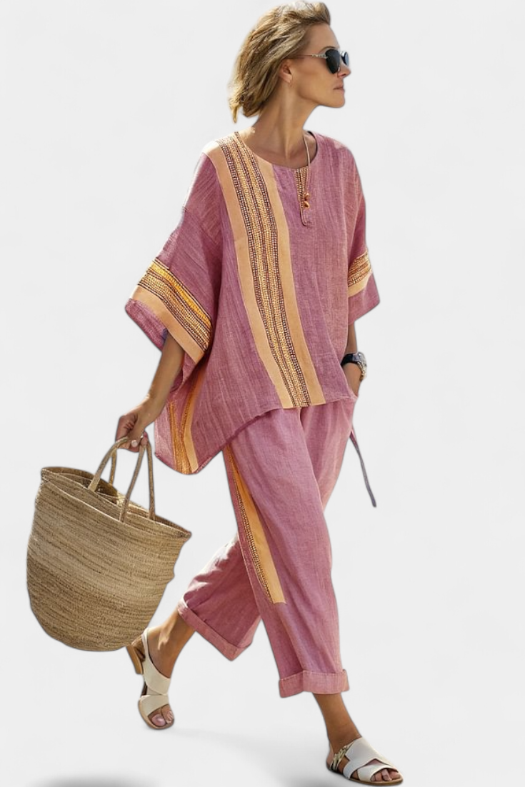 Paige | Oversized Fit Bamboo Linen Top and Striped Pants Set