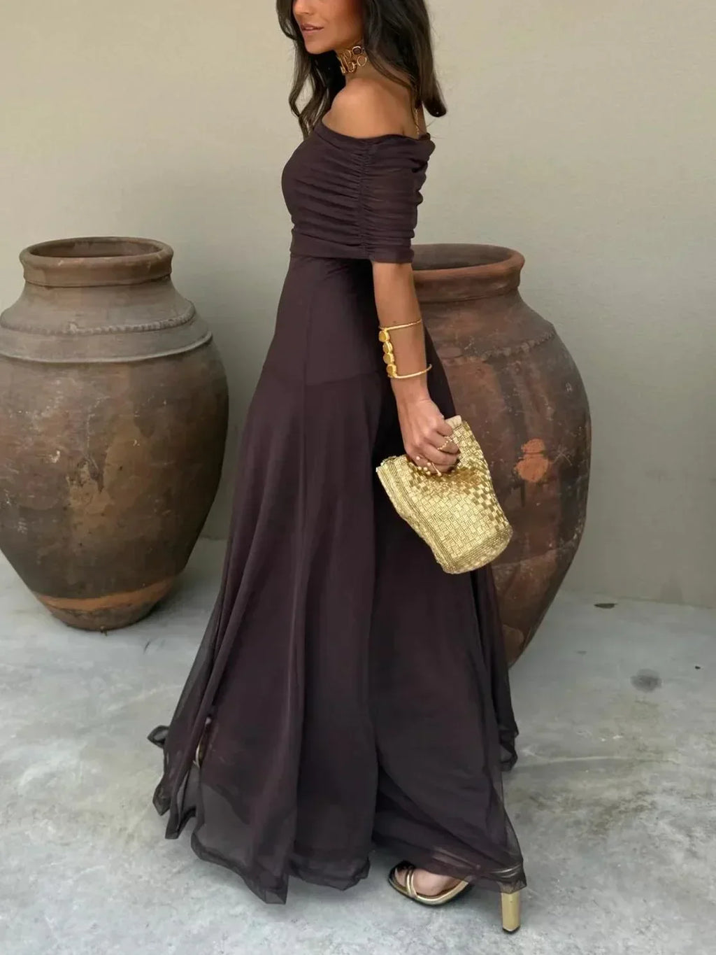 Phoebe | Off-Shoulder Chocolate Maxi Dress