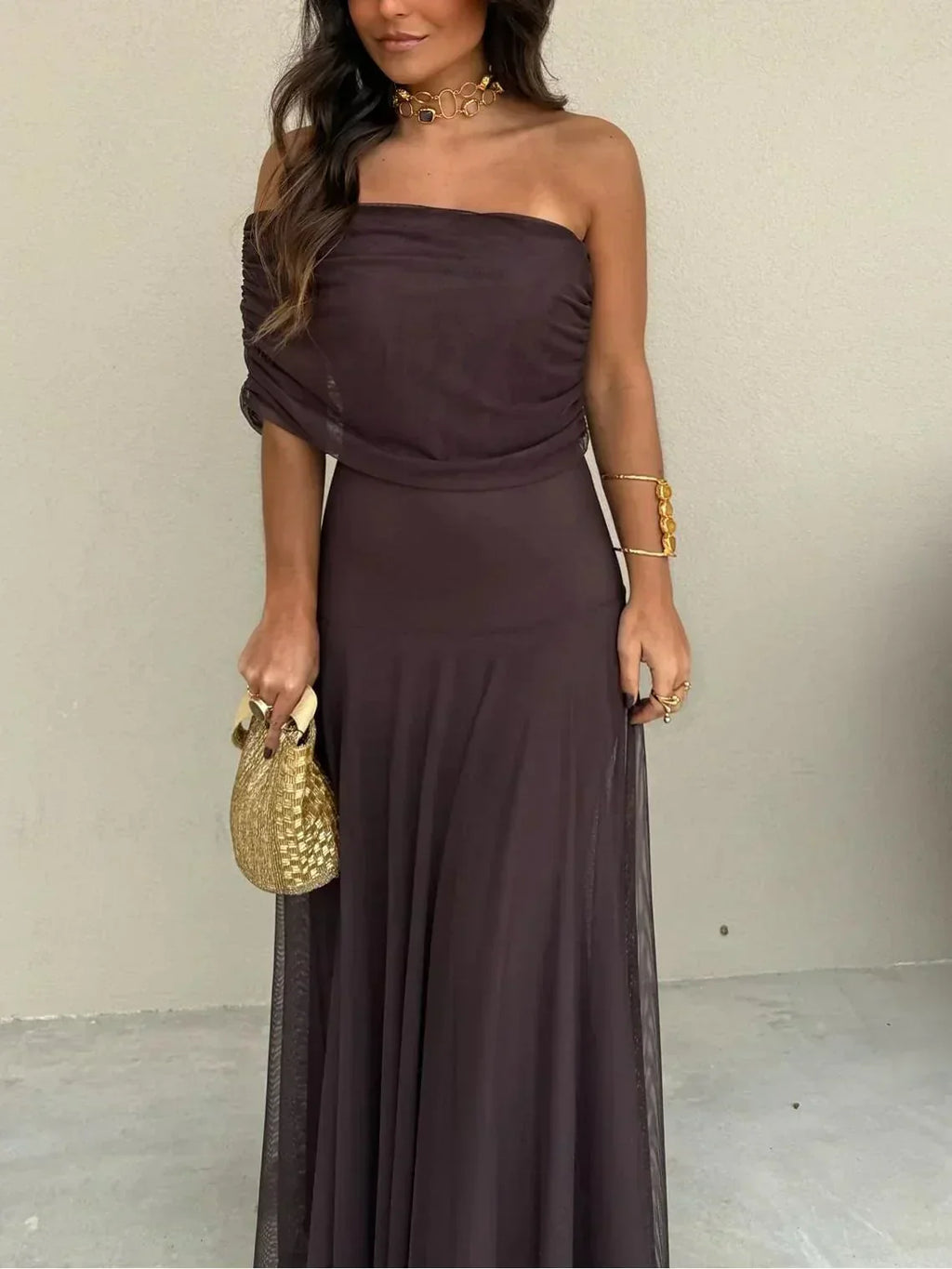 Phoebe | Off-Shoulder Chocolate Maxi Dress