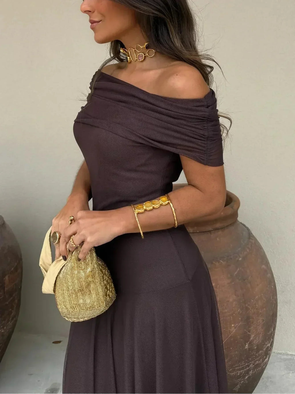 Phoebe | Off-Shoulder Chocolate Maxi Dress