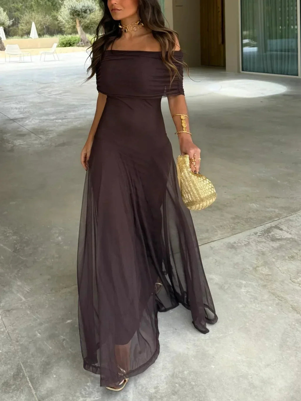 Phoebe | Off-Shoulder Chocolate Maxi Dress
