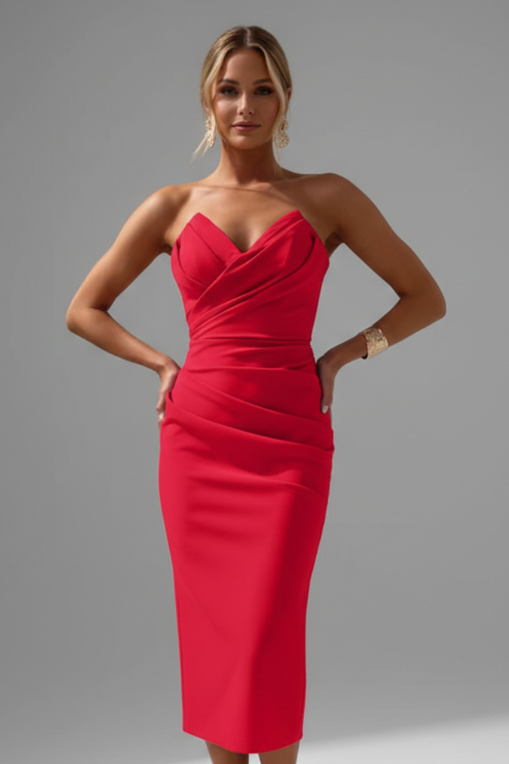 Prudence | Strapless Ruched Midi Dress