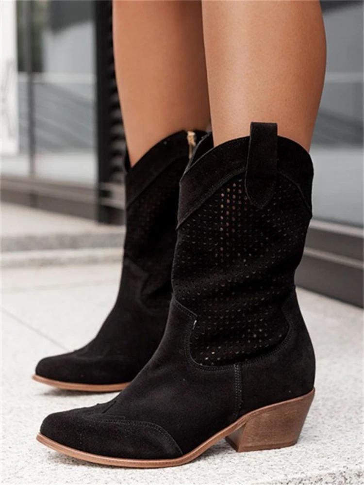 Renata | Low Heel Perforated Leather Ankle Boots