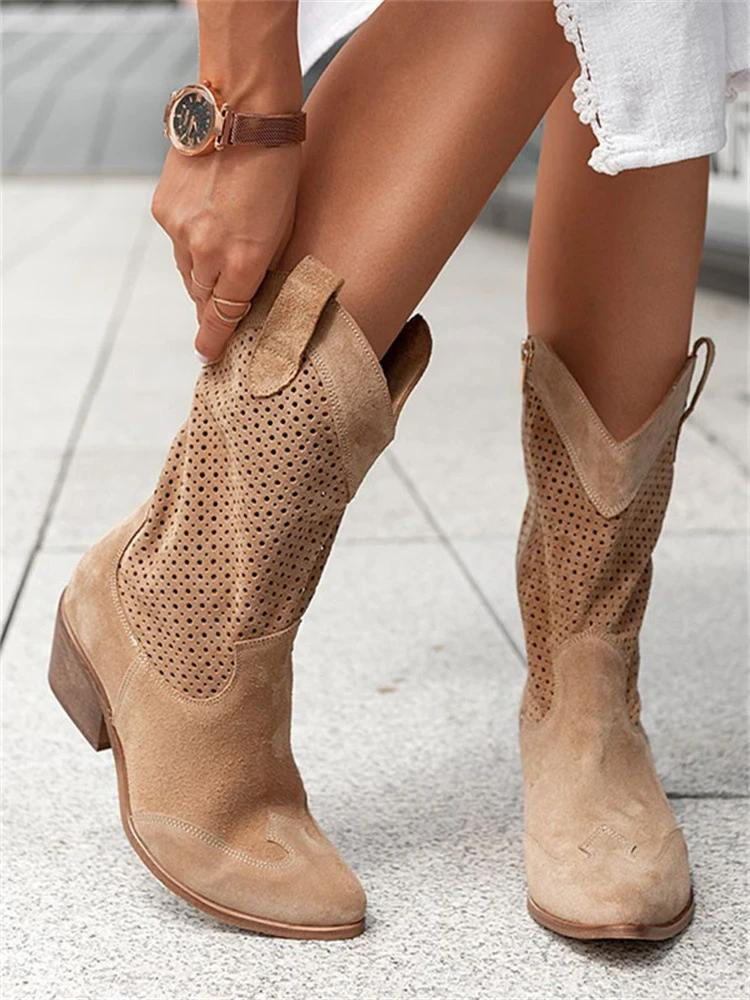 Renata | Low Heel Perforated Leather Ankle Boots