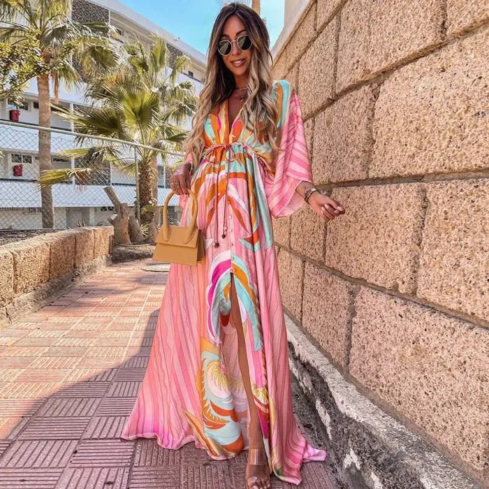 Rosamund | Flowing V-Neck Maxi Dress with Kimono Sleeves