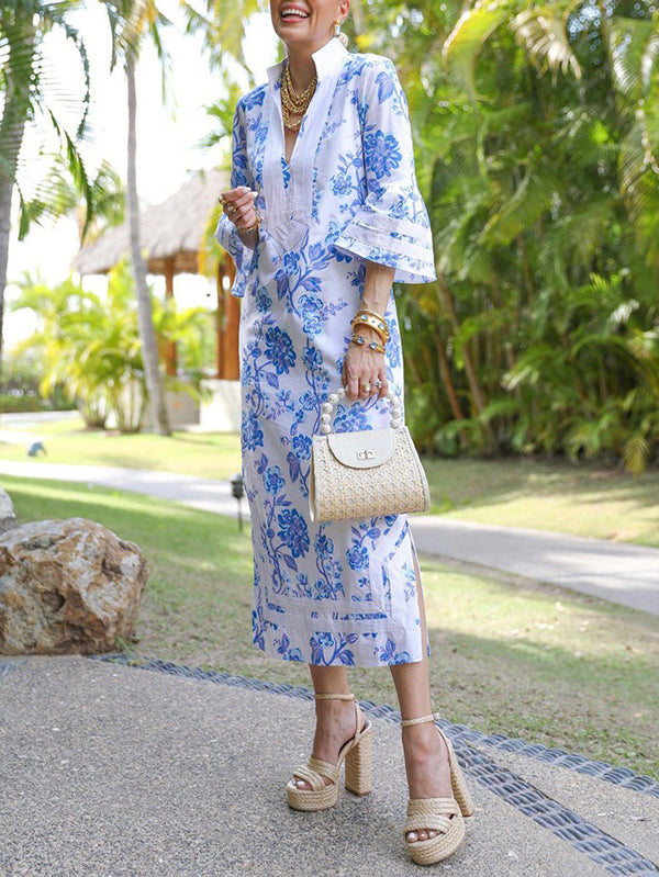 Rowan | Loose Fit Flared Sleeve Deep V-Neck Midi Dress