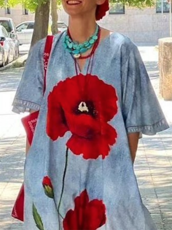 Sabine | Loose Fit V-Neck Flower Print Denim Maxi Dress