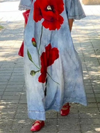 Sabine | Loose Fit V-Neck Flower Print Denim Maxi Dress