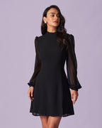 Sonia | Ascot Collar Sheer Slit Long Sleeve Mini Dress