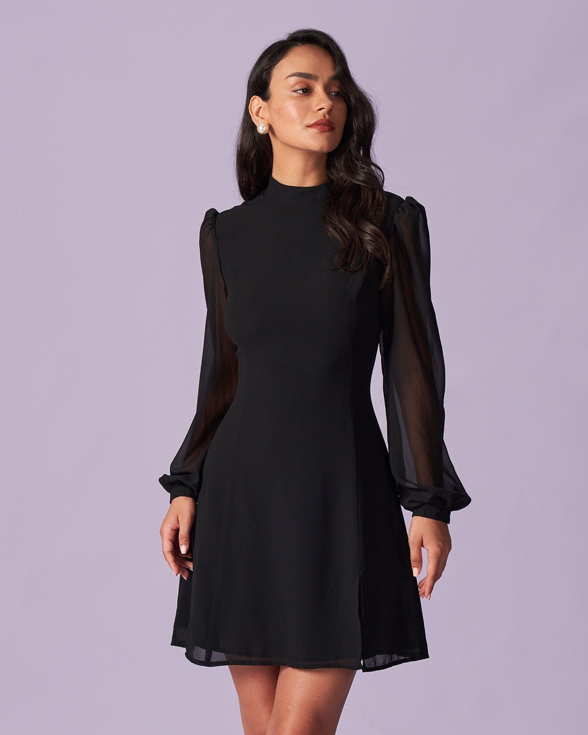 Sonia | Ascot Collar Sheer Slit Long Sleeve Mini Dress
