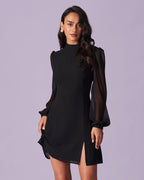 Sonia | Ascot Collar Sheer Slit Long Sleeve Mini Dress
