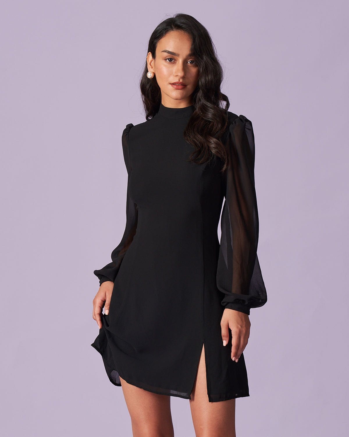 Sonia | Ascot Collar Sheer Slit Long Sleeve Mini Dress