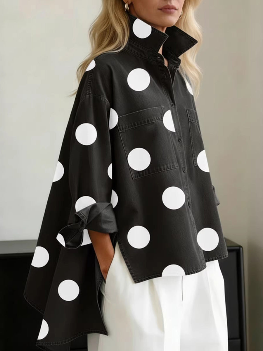 Tatum | Loose Fit High-Low Buttoned Polka Dot Blouse
