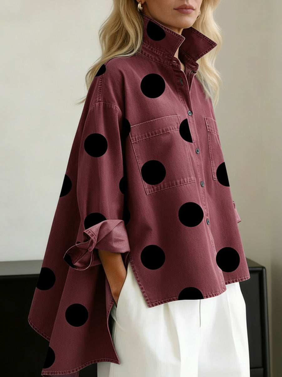 Tatum | Loose Fit High-Low Buttoned Polka Dot Blouse