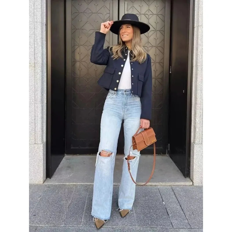 Theodora | Cropped Button-Front Bomber Jacket