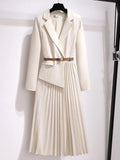 Tina | Belted Blazer Style Pleated Midi Dress
