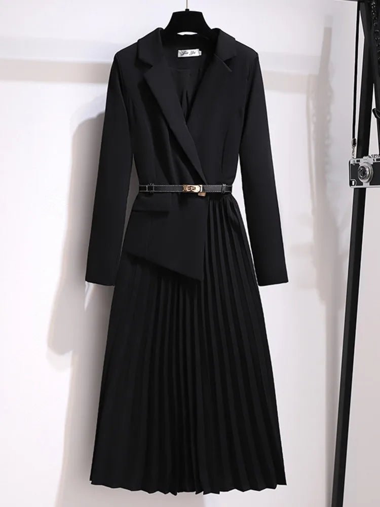 Tina | Belted Blazer Style Pleated Midi Dress