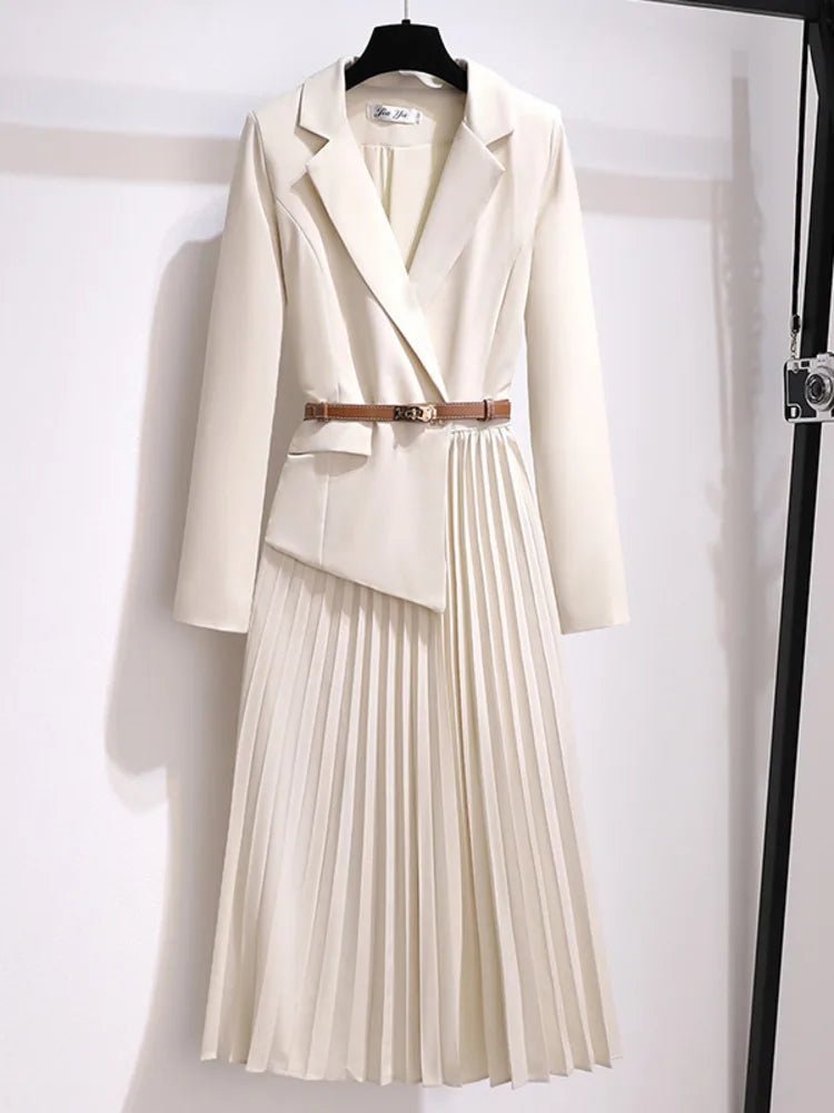 Tina | Belted Blazer Style Pleated Midi Dress