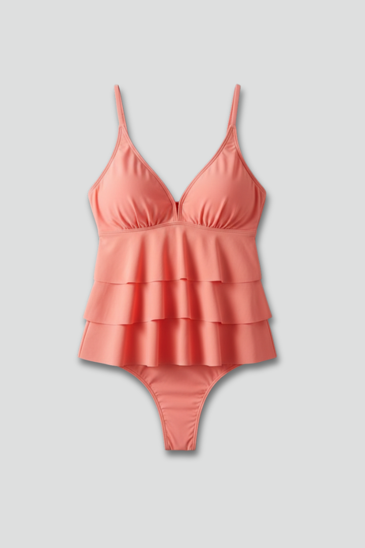 Trudy | V-Neck Tiered Ruffle Tankini Set