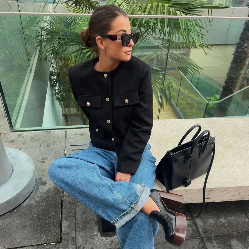 Vivienne | Cropped Tailored Button-Front Bomber Jacket