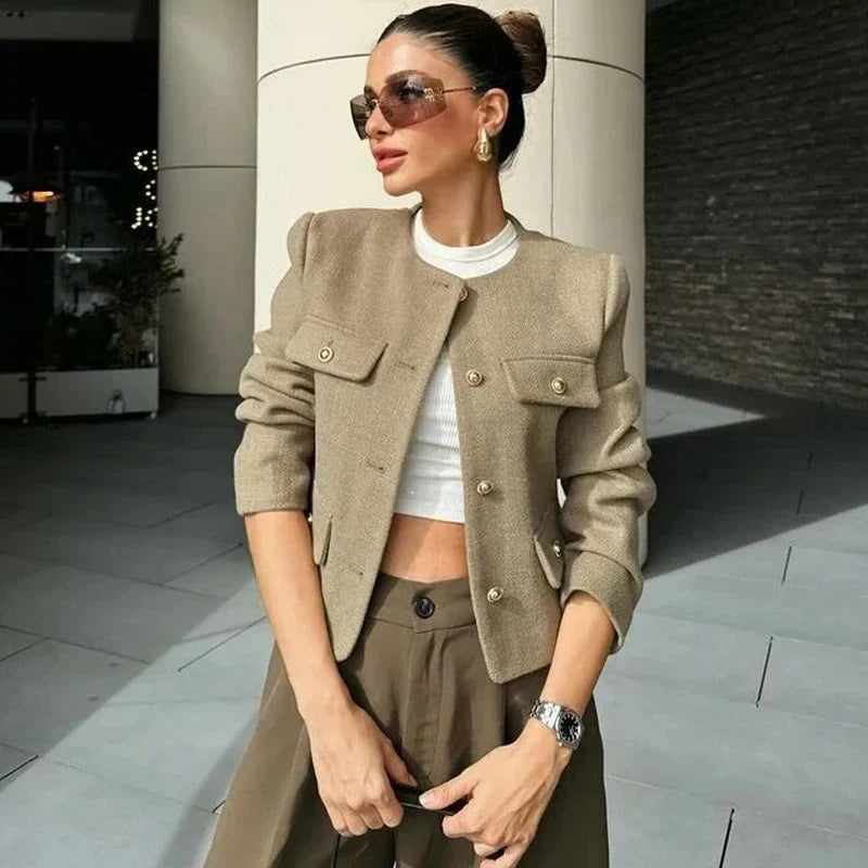 Vivienne | Cropped Tailored Button-Front Bomber Jacket