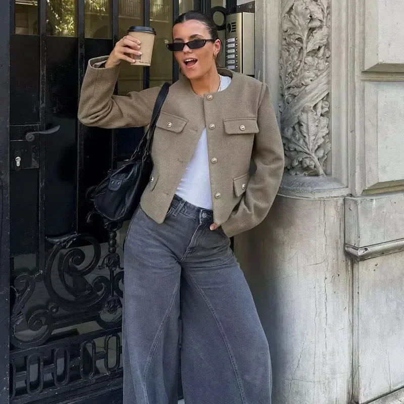 Vivienne | Cropped Tailored Button-Front Bomber Jacket