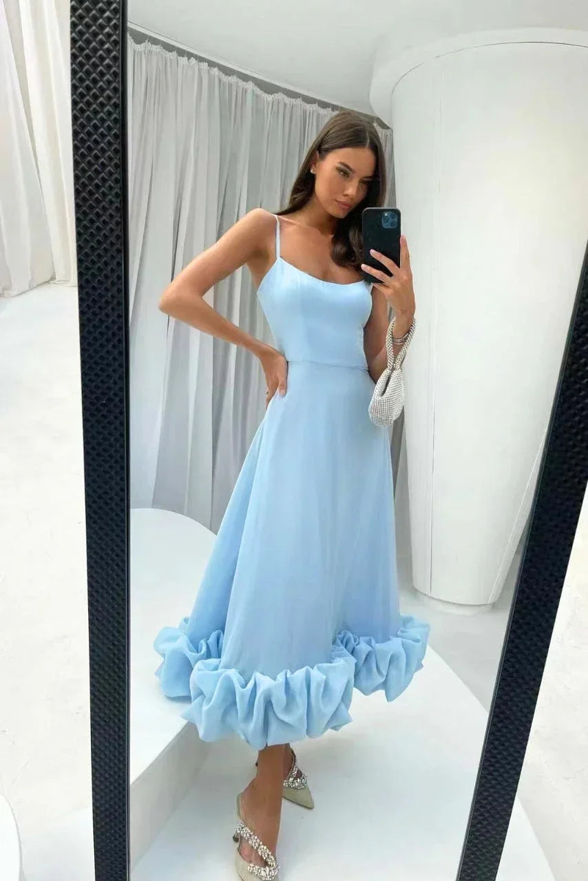 Whitney | Flared Fit Midi Dress With Ruffles And Spaghetti Straps