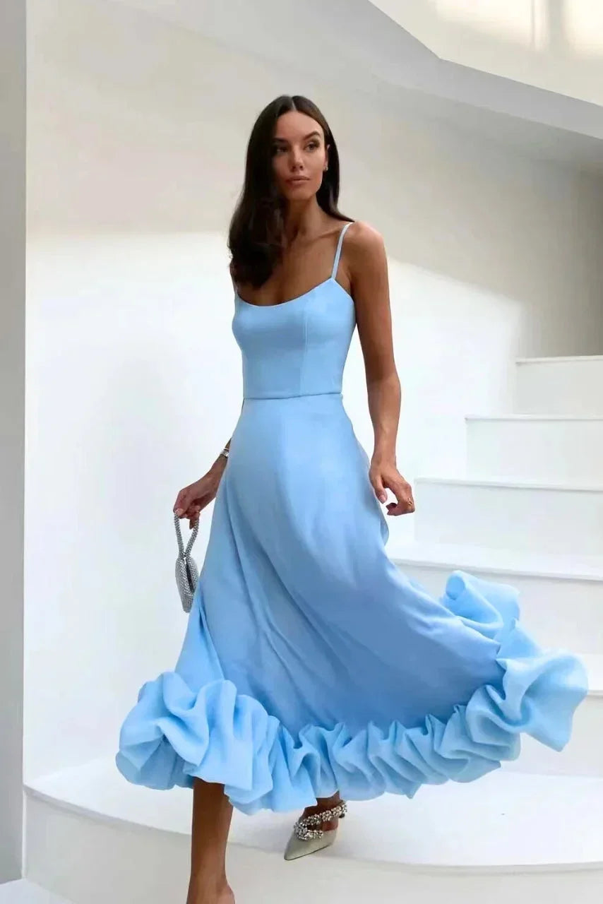 Whitney | Flared Fit Midi Dress With Ruffles And Spaghetti Straps