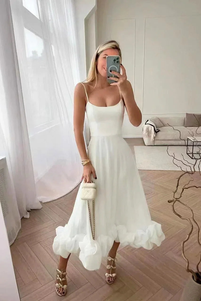 Whitney | Flared Fit Midi Dress With Ruffles And Spaghetti Straps