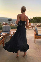Whitney | Flared Fit Midi Dress With Ruffles And Spaghetti Straps