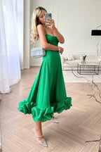 Whitney | Flared Fit Midi Dress With Ruffles And Spaghetti Straps