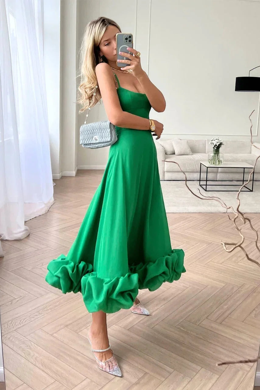 Whitney | Flared Fit Midi Dress With Ruffles And Spaghetti Straps