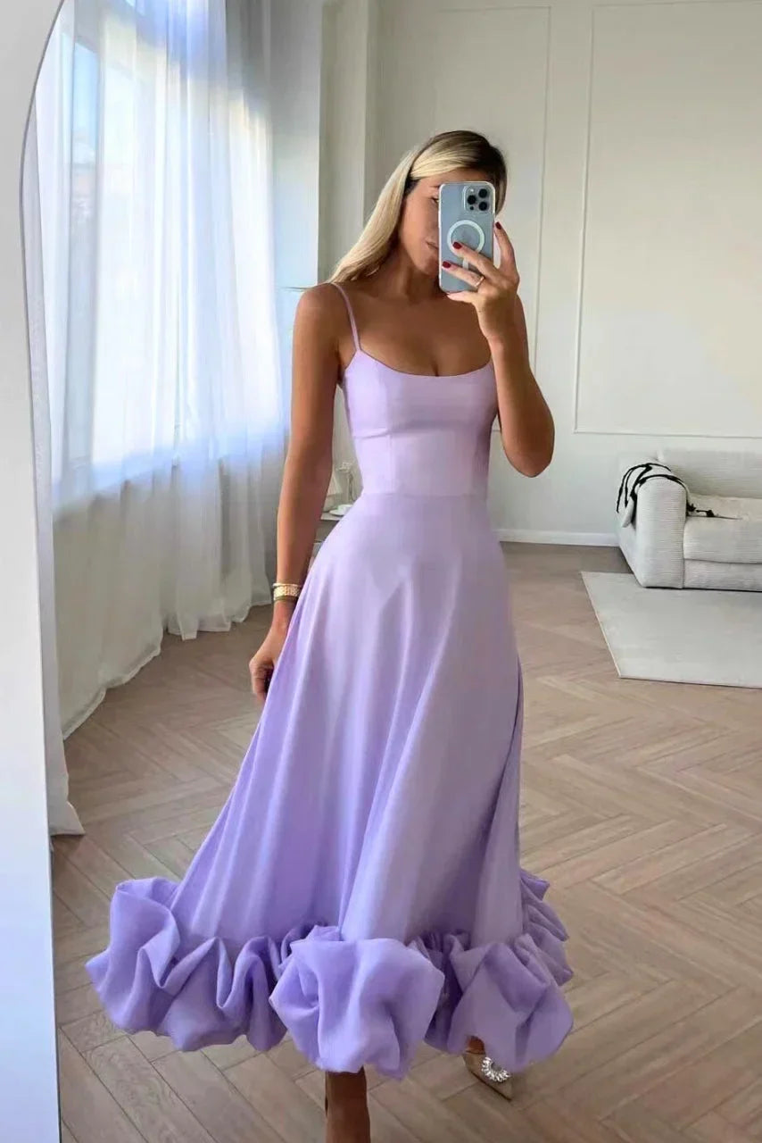 Whitney | Flared Fit Midi Dress With Ruffles And Spaghetti Straps
