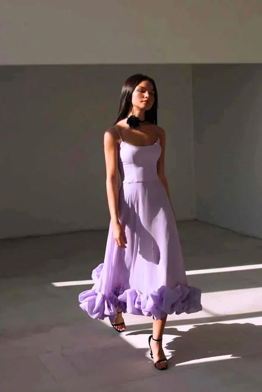 Whitney | Flared Fit Midi Dress With Ruffles And Spaghetti Straps