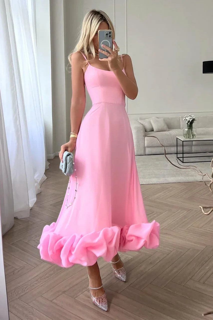 Whitney | Flared Fit Midi Dress With Ruffles And Spaghetti Straps