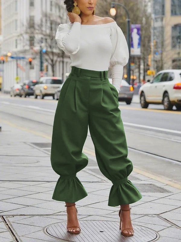 Willow | High Waist Pleated Ruffle Trim Pants