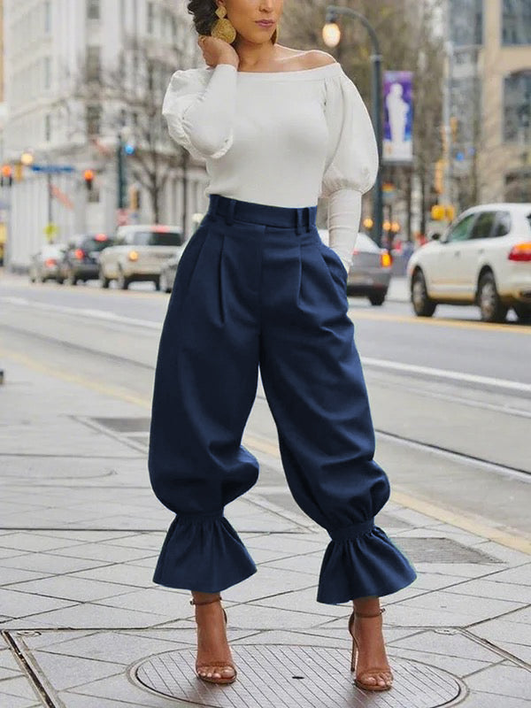 Willow | High Waist Pleated Ruffle Trim Pants