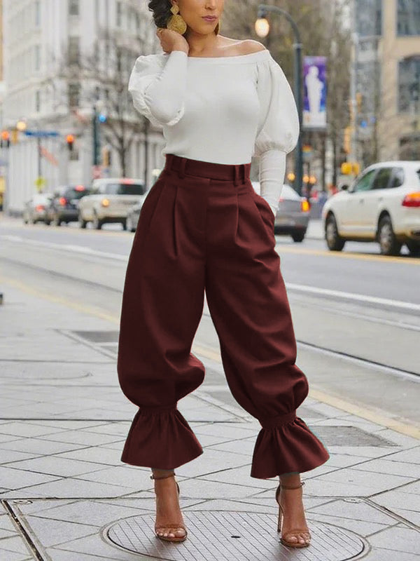 Willow | High Waist Pleated Ruffle Trim Pants