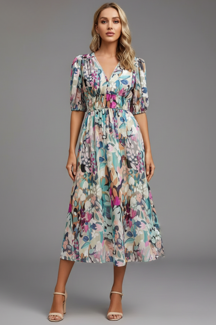Yvette | Puff Sleeve V-Neck Floral Midi Dress