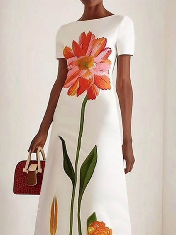 Zara | Boat Neck Short Sleeve Flower Print Maxi Dress