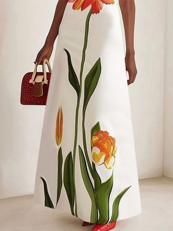 Zara | Boat Neck Short Sleeve Flower Print Maxi Dress