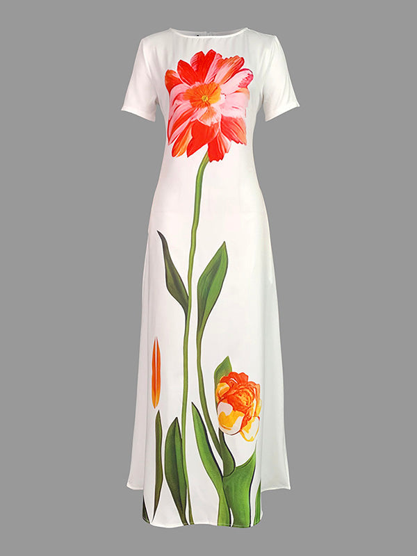 Zara | Boat Neck Short Sleeve Flower Print Maxi Dress