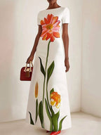 Zara | Boat Neck Short Sleeve Flower Print Maxi Dress
