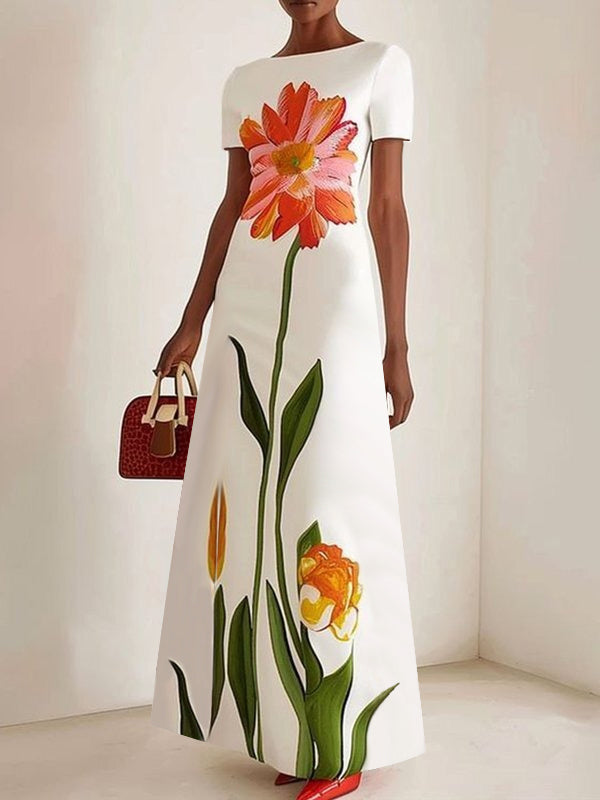Zara | Boat Neck Short Sleeve Flower Print Maxi Dress